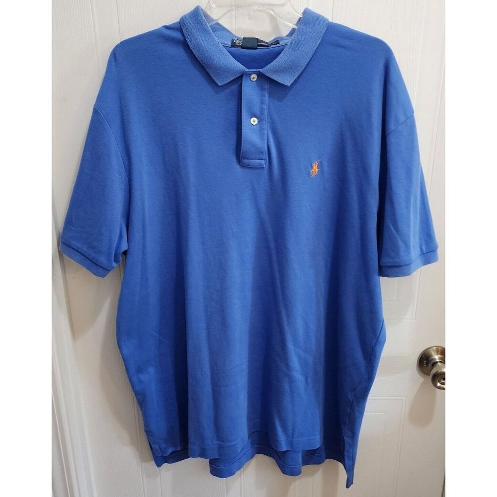 Polo Ralph Lauren Blue Short Sleeve Polo Shirt Orange Pony 100% Cotton‎ Size XL